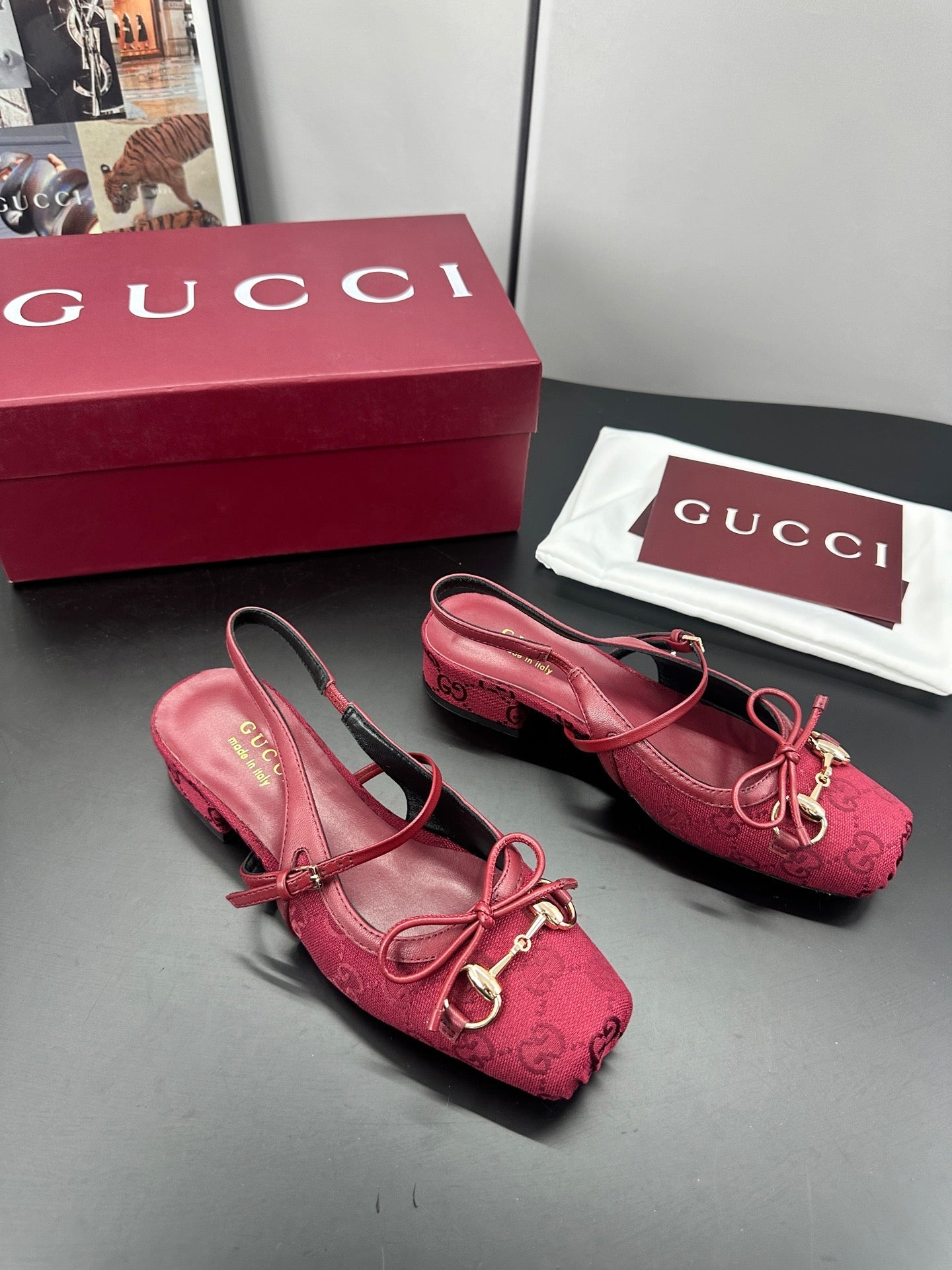 GG 26s Horsebit Slingback 2.5cm Burgundy Canvas 688316