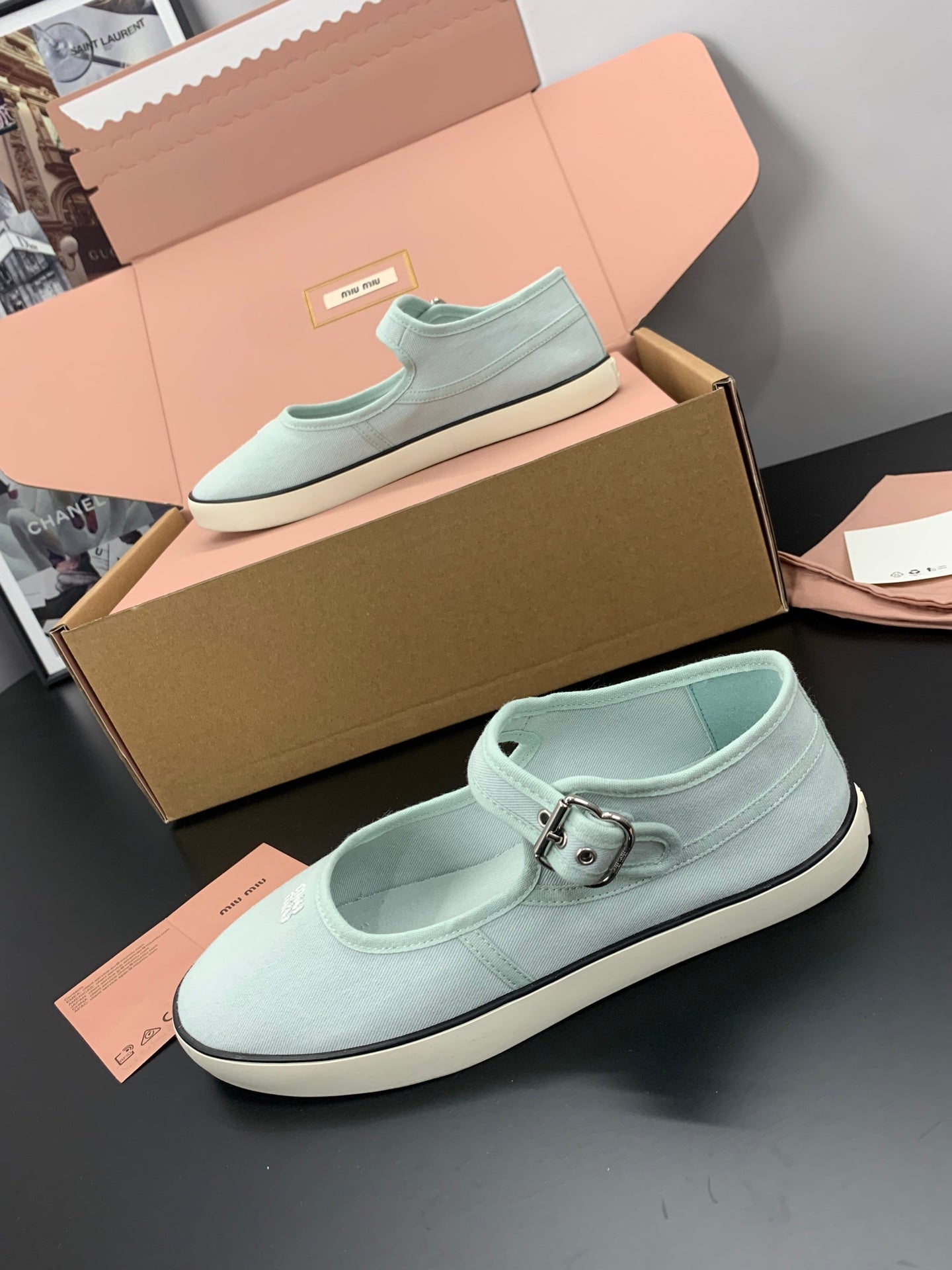 Miu 26s Drill Ballerinas Light Blue Canvas 688281