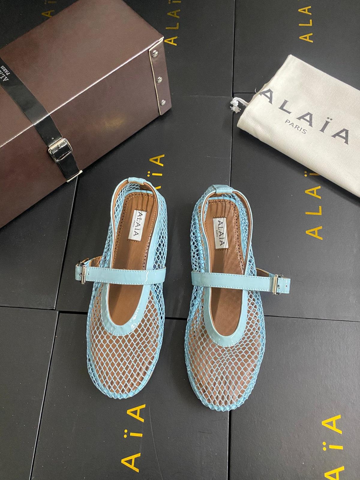 Alaia 26s Mesh Mary Jane Flats 1cm Light Blue Patent Leather SHW 110719