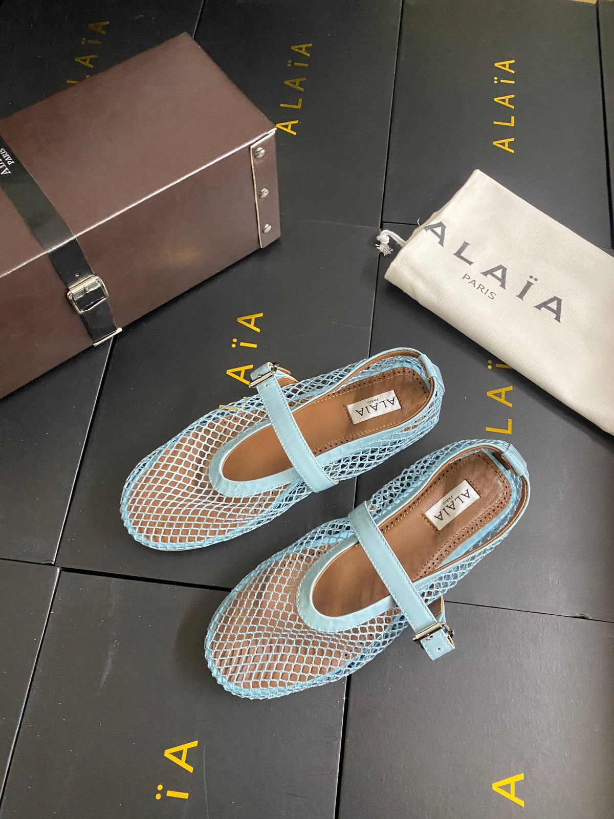 Alaia 26s Mesh Mary Jane Flats 1cm Light Blue Patent Leather SHW 110719