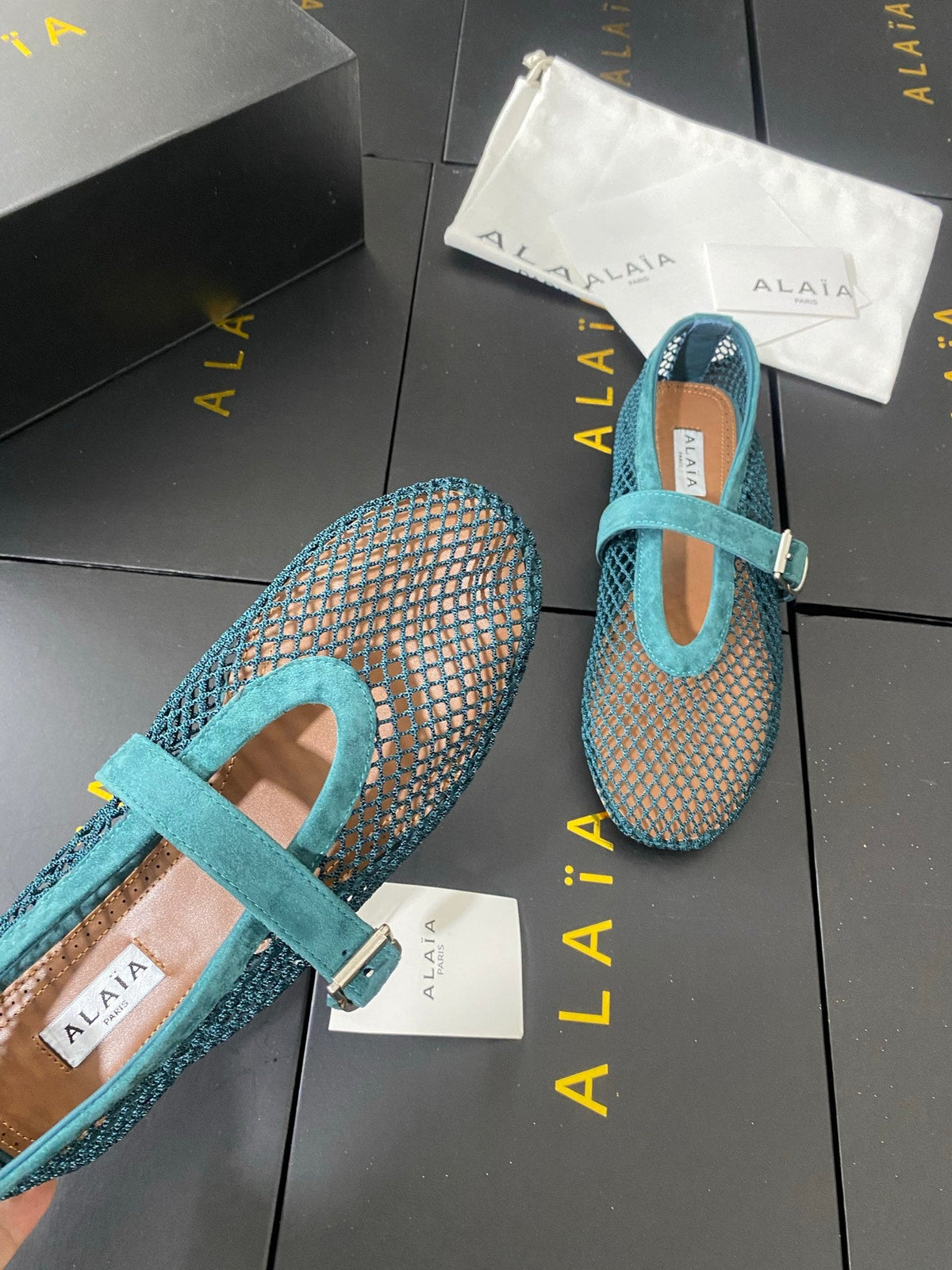 Alaia 26s Mesh Mary Jane Flats 1cm Teal Green Suede SHW 110704