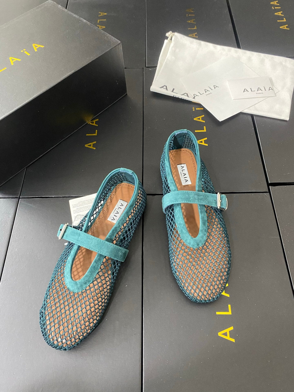 Alaia 26s Mesh Mary Jane Flats 1cm Teal Green Suede SHW 110704