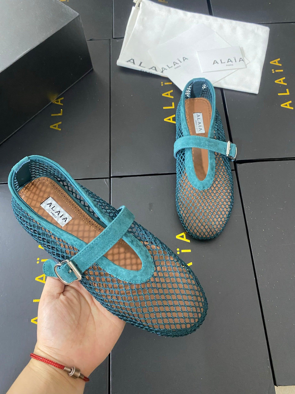 Alaia 26s Mesh Mary Jane Flats 1cm Teal Green Suede SHW 110704