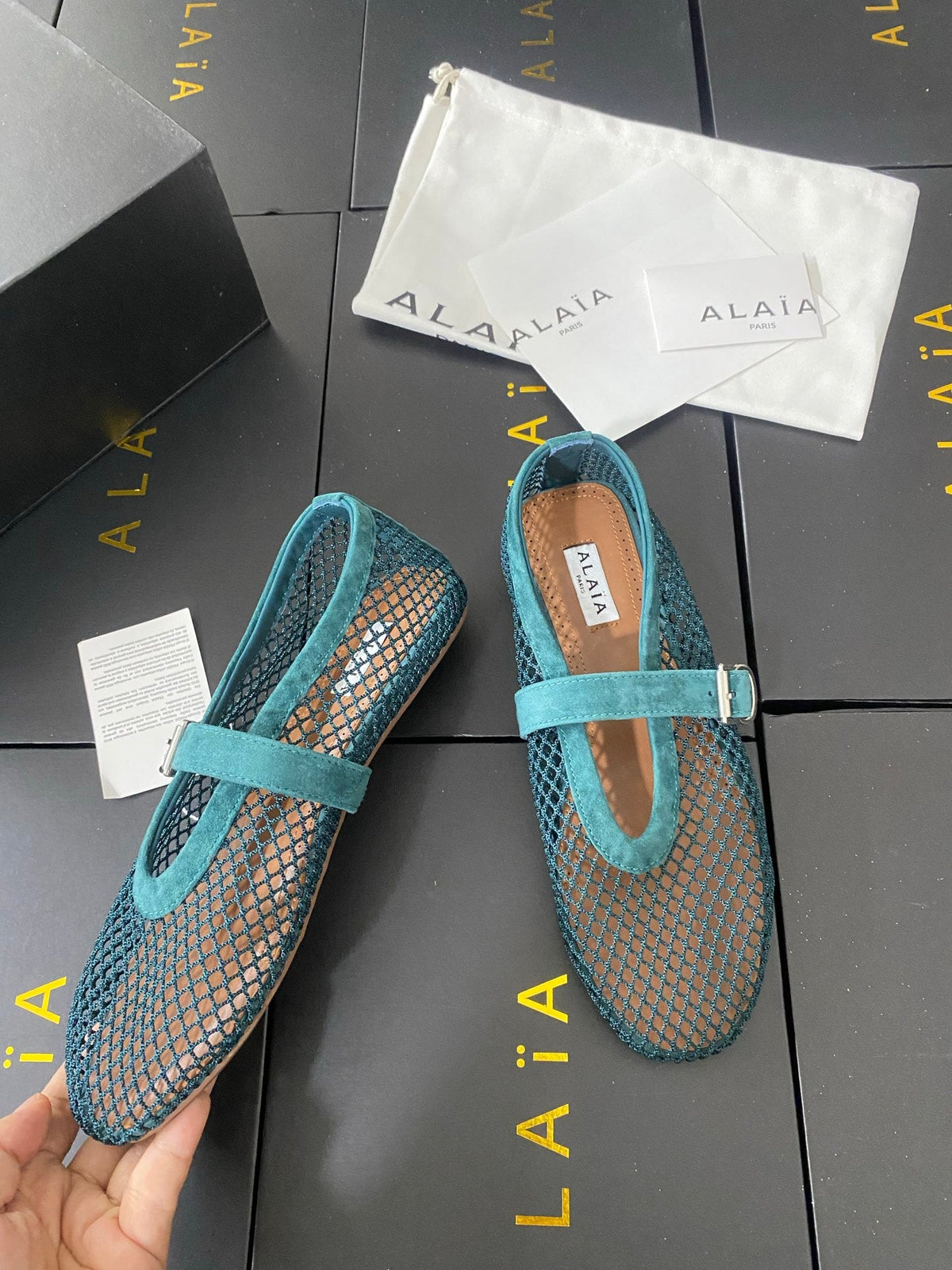 Alaia 26s Mesh Mary Jane Flats 1cm Teal Green Suede SHW 110704