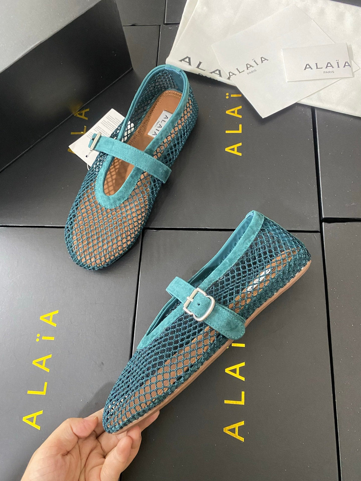 Alaia 26s Mesh Mary Jane Flats 1cm Teal Green Suede SHW 110704