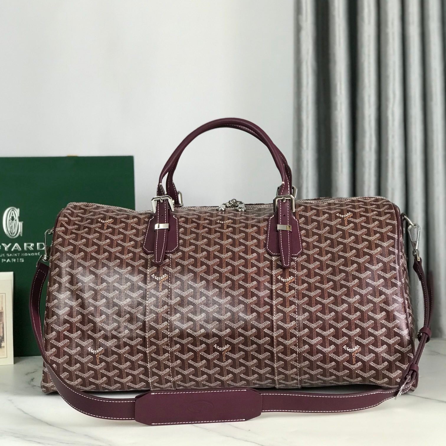 BOSTON 50 BAG IN WINE RED GOYARDINE CANVAS AND CALFSKIN TRIM