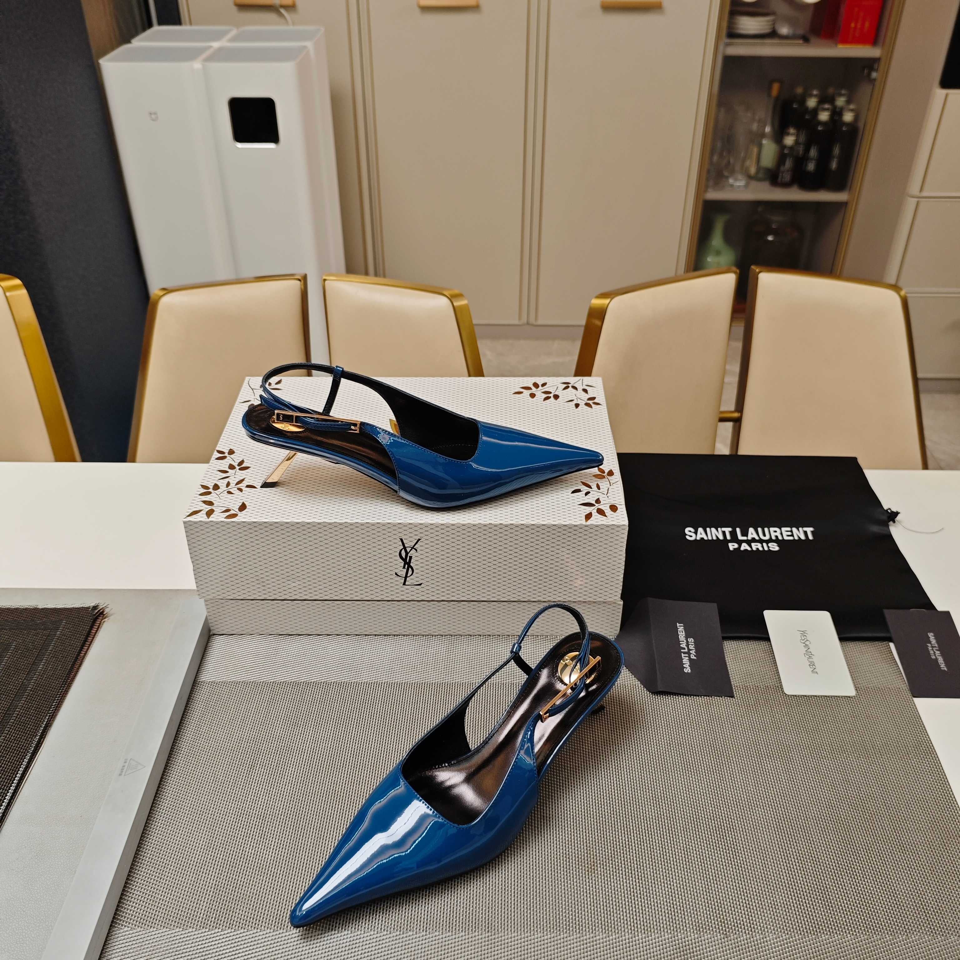 YSL Babylone Slingback 5.5cm Dark Blue Glossy Leather