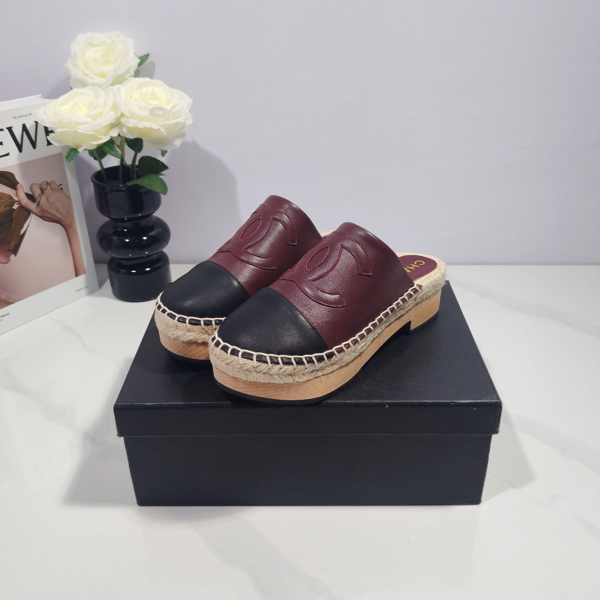 CC 26s Half-Length Slippers Black Burgundy Sheepskin 104251