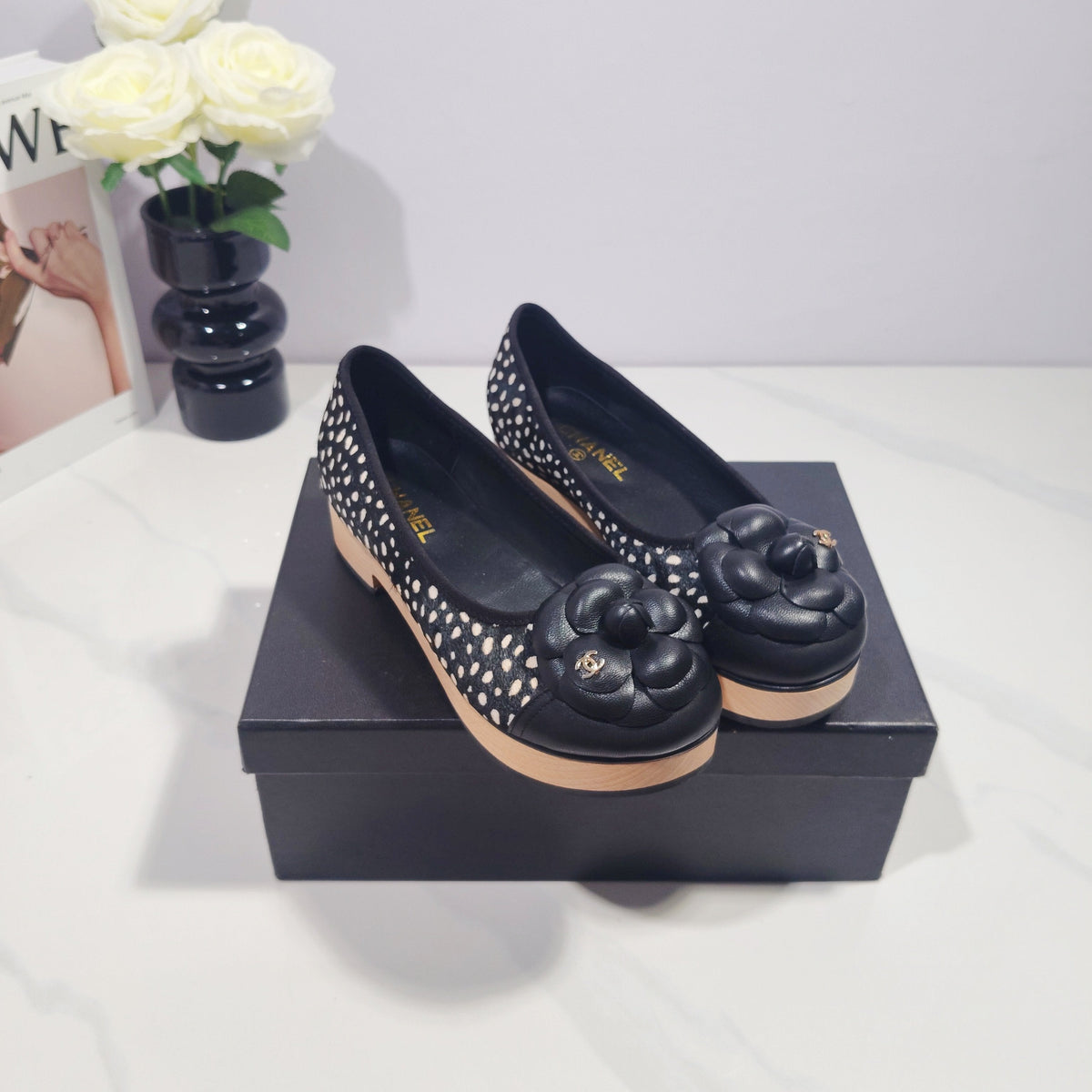 CC 26s Camellia Polka Dot Platform Shoes Black Horsehair 104254