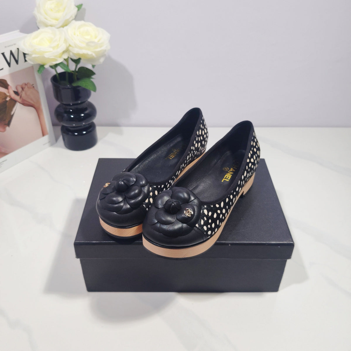 CC 26s Camellia Polka Dot Platform Shoes Black Horsehair 104254