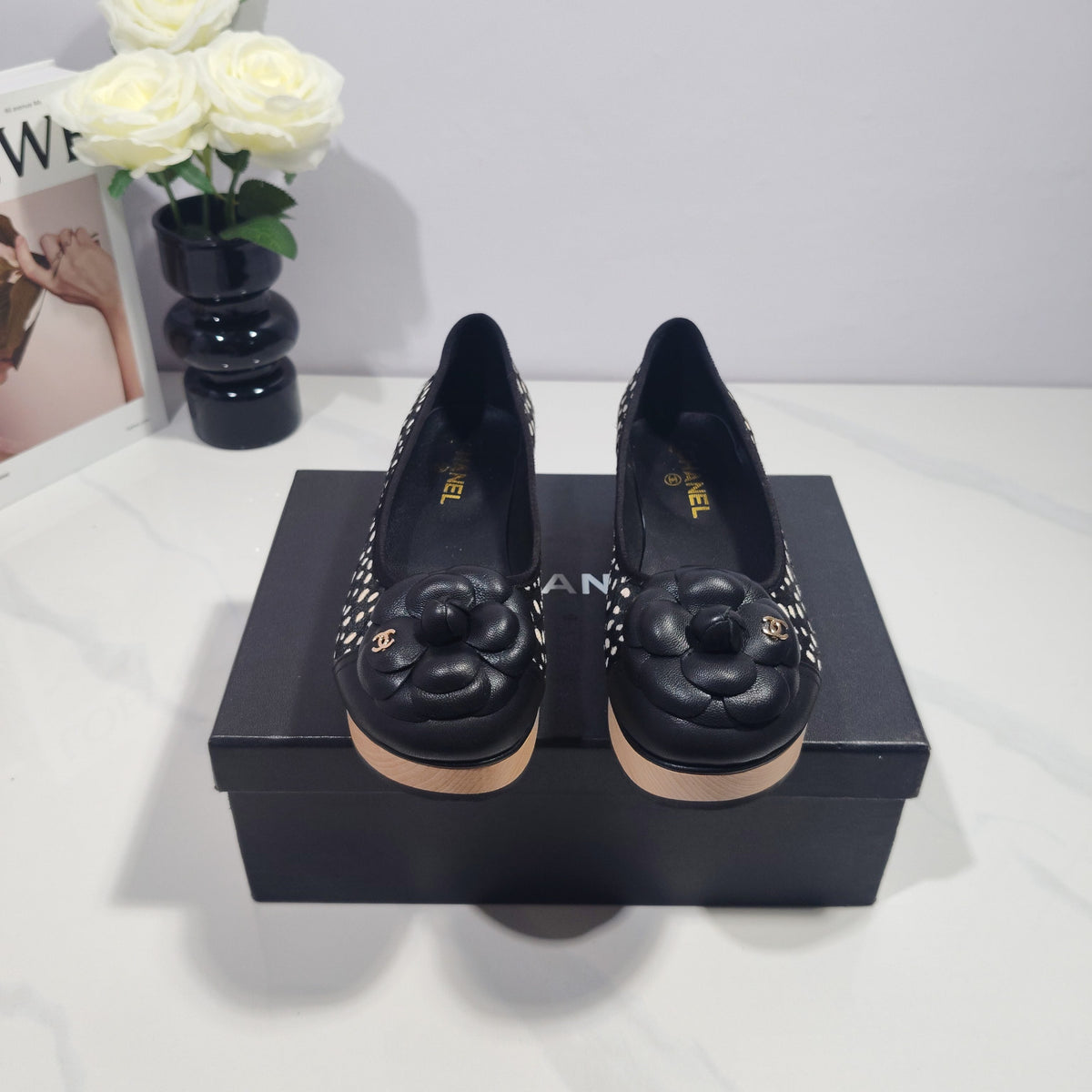 CC 26s Camellia Polka Dot Platform Shoes Black Horsehair 104254
