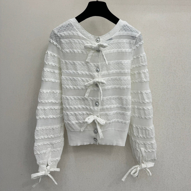 Chanel 2026 Cardigan Embellished With Bow White Wool 424712