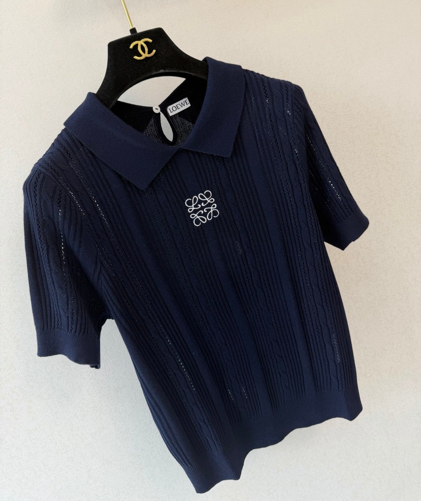 Loewe Collared Short-Sleeved Shirt Navy Blue Wool 394839