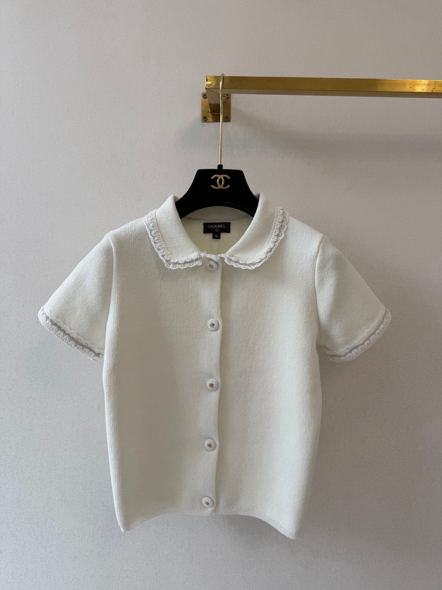 CC Collared Short-Sleeved Cardigan White Cotton Silk 394827