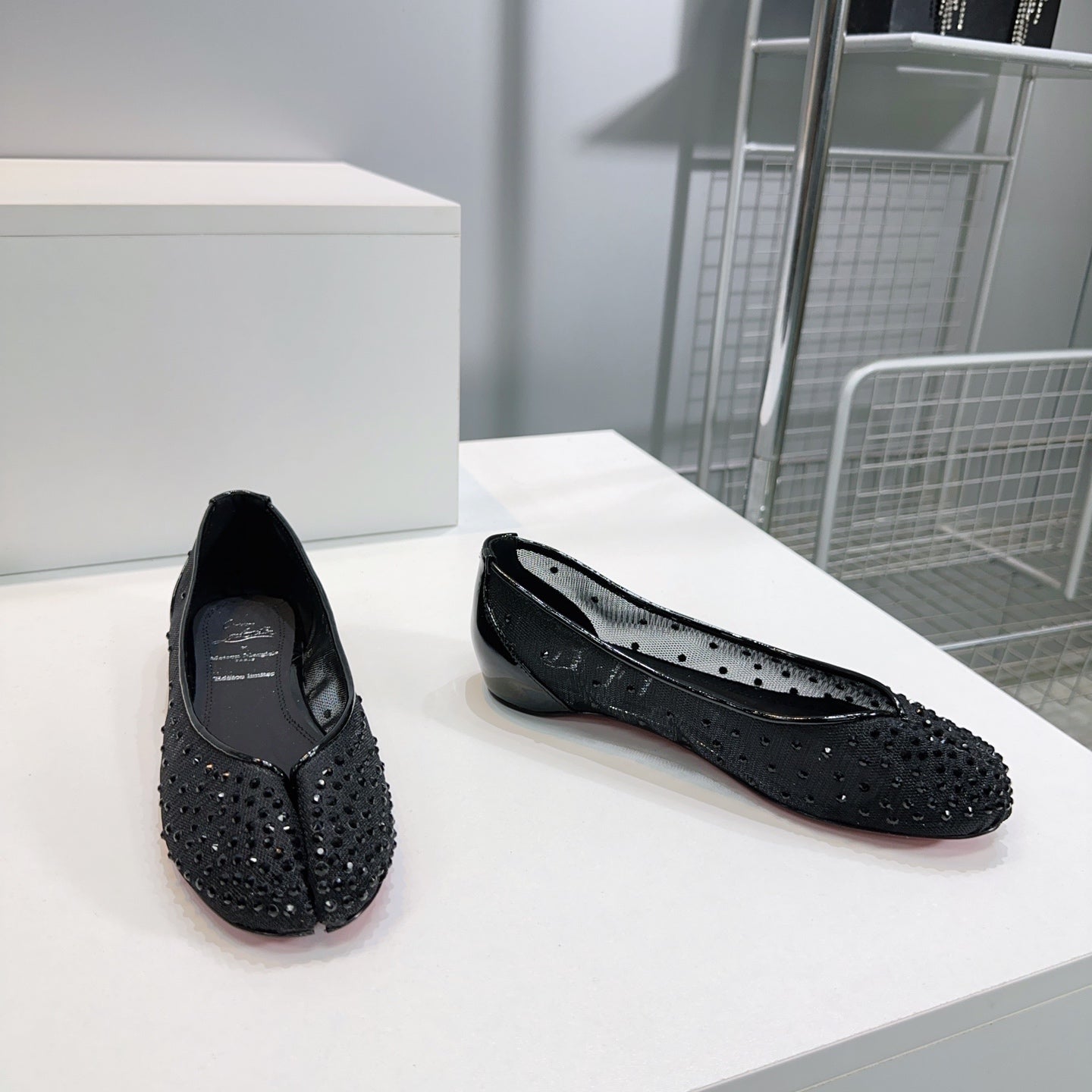 CL x Maison Margiela Ballerina Flats Black Mesh Sliver Leather 639690