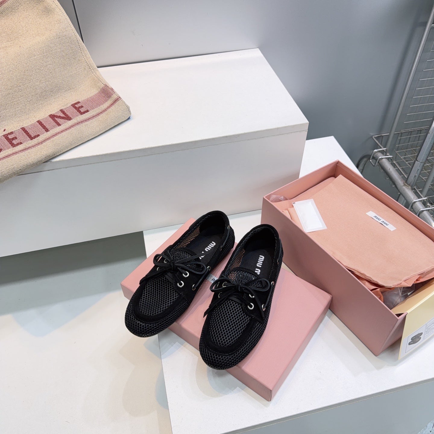 Miumiu 26s Boat Shoes In Black Mesh And Suede