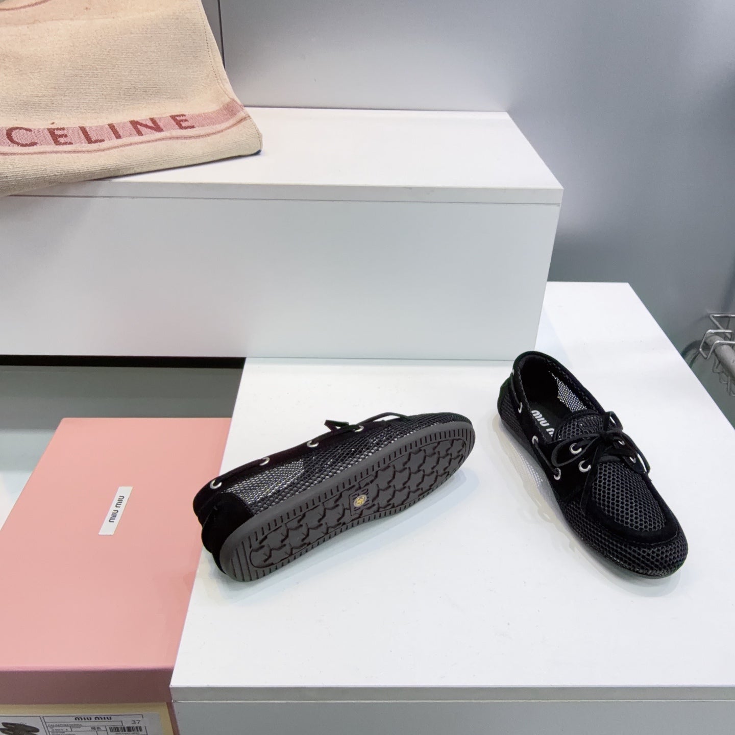 Miumiu 26s Boat Shoes In Black Mesh And Suede