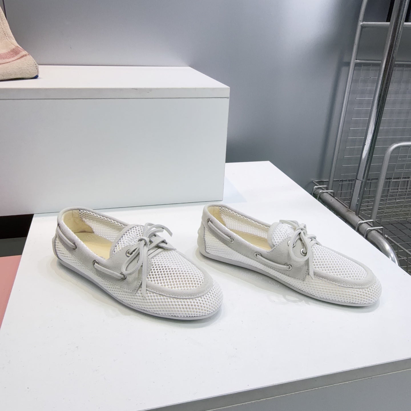 Miumiu 26s Boat Shoes In White Mesh And Light Grey Suede