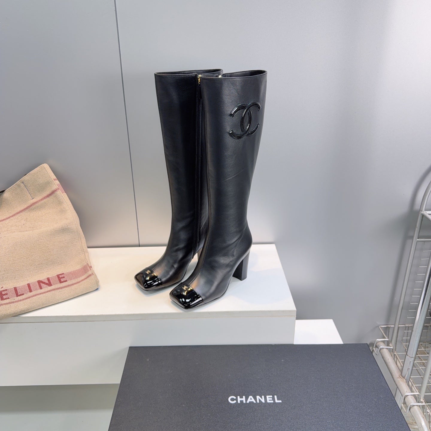 CC 26s Cap-Toe Knee-High Boots 8.5cm Black Stretch Lambskin 966845