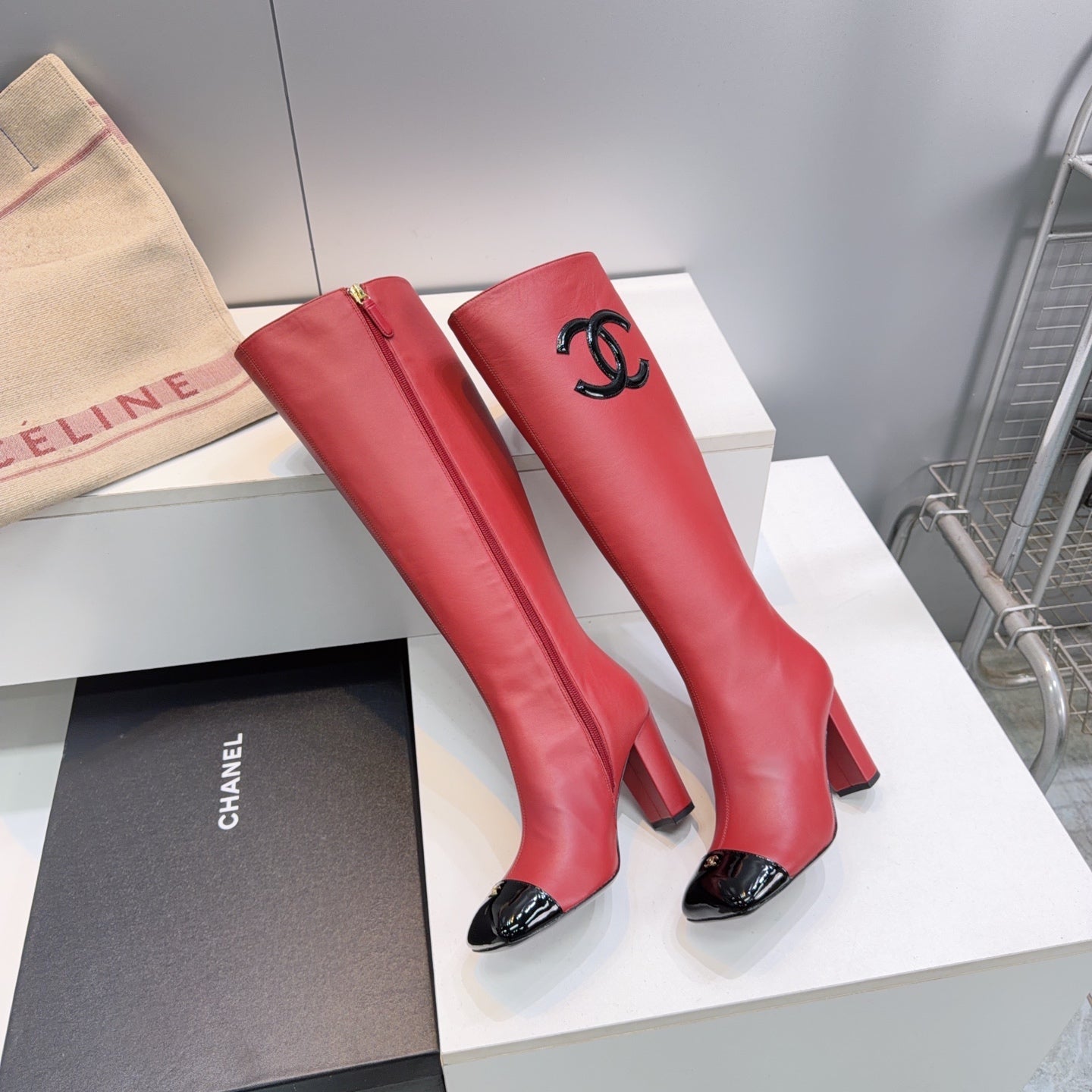 CC 26s Cap-Toe Knee-High Boots 8.5cm Red Stretch Lambskin 966846