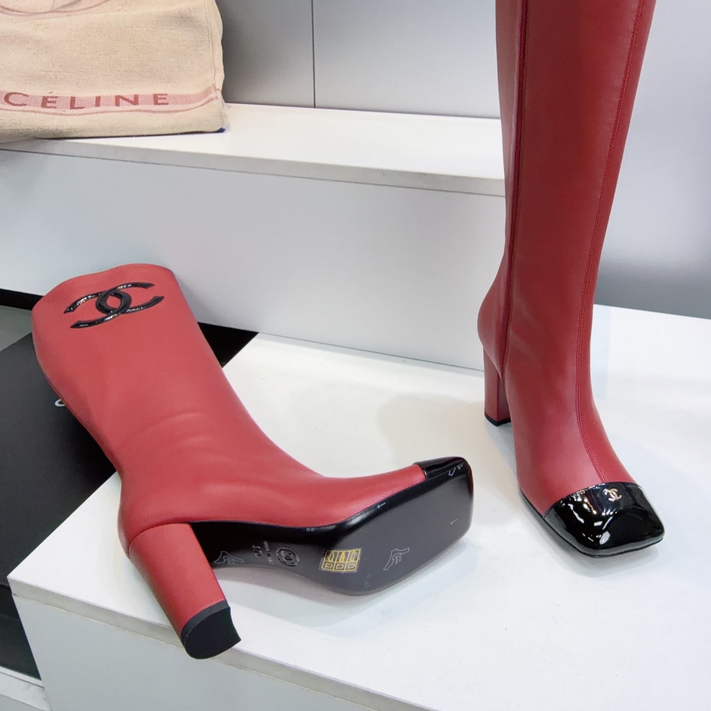 CC 26s Cap-Toe Knee-High Boots 8.5cm Red Stretch Lambskin 966846