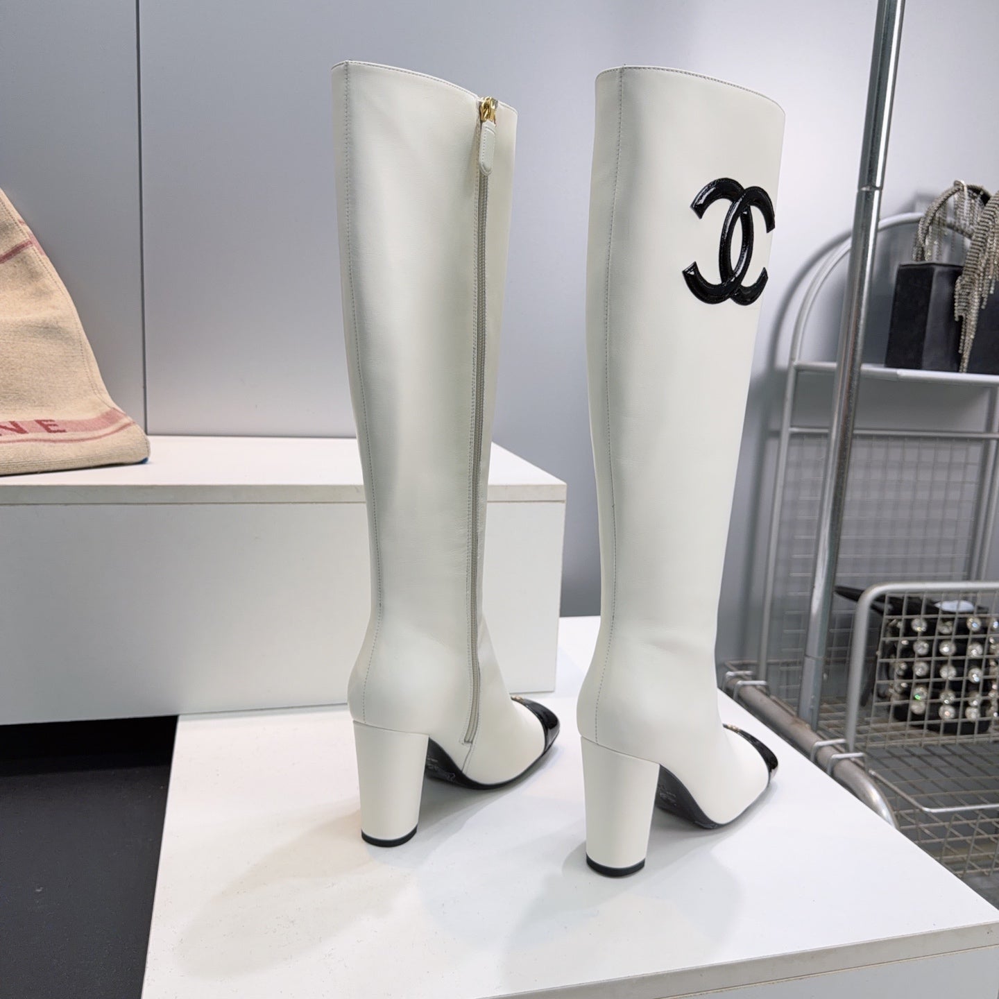 CC 26s Cap-Toe Knee-High Boots 8.5cm White Stretch Lambskin 966848