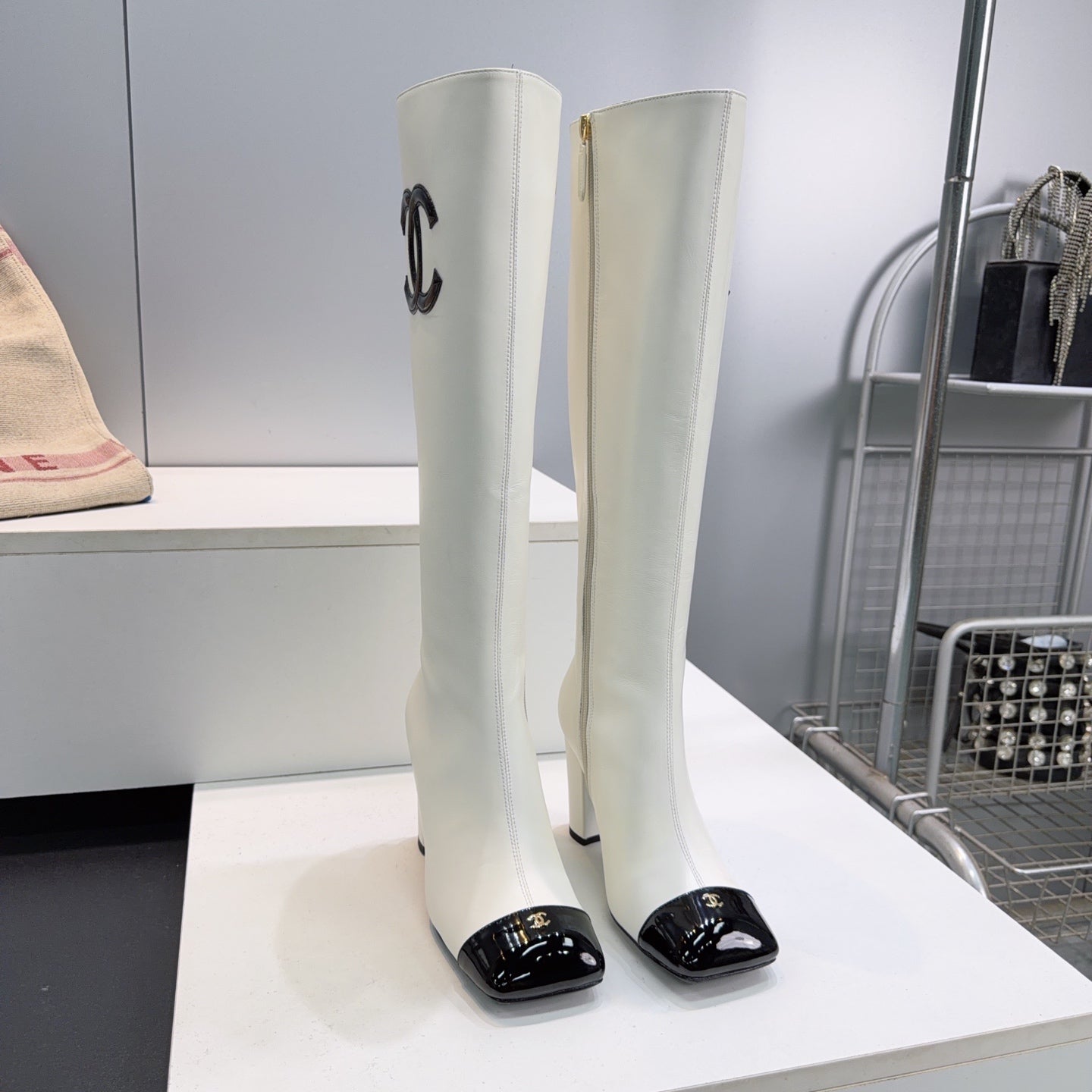 CC 26s Cap-Toe Knee-High Boots 8.5cm White Stretch Lambskin 966848