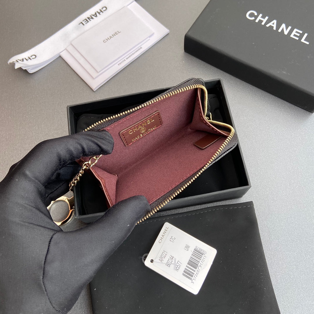 CC Hook & Chain Zipper Card Holder Black Caviar GHW 234733