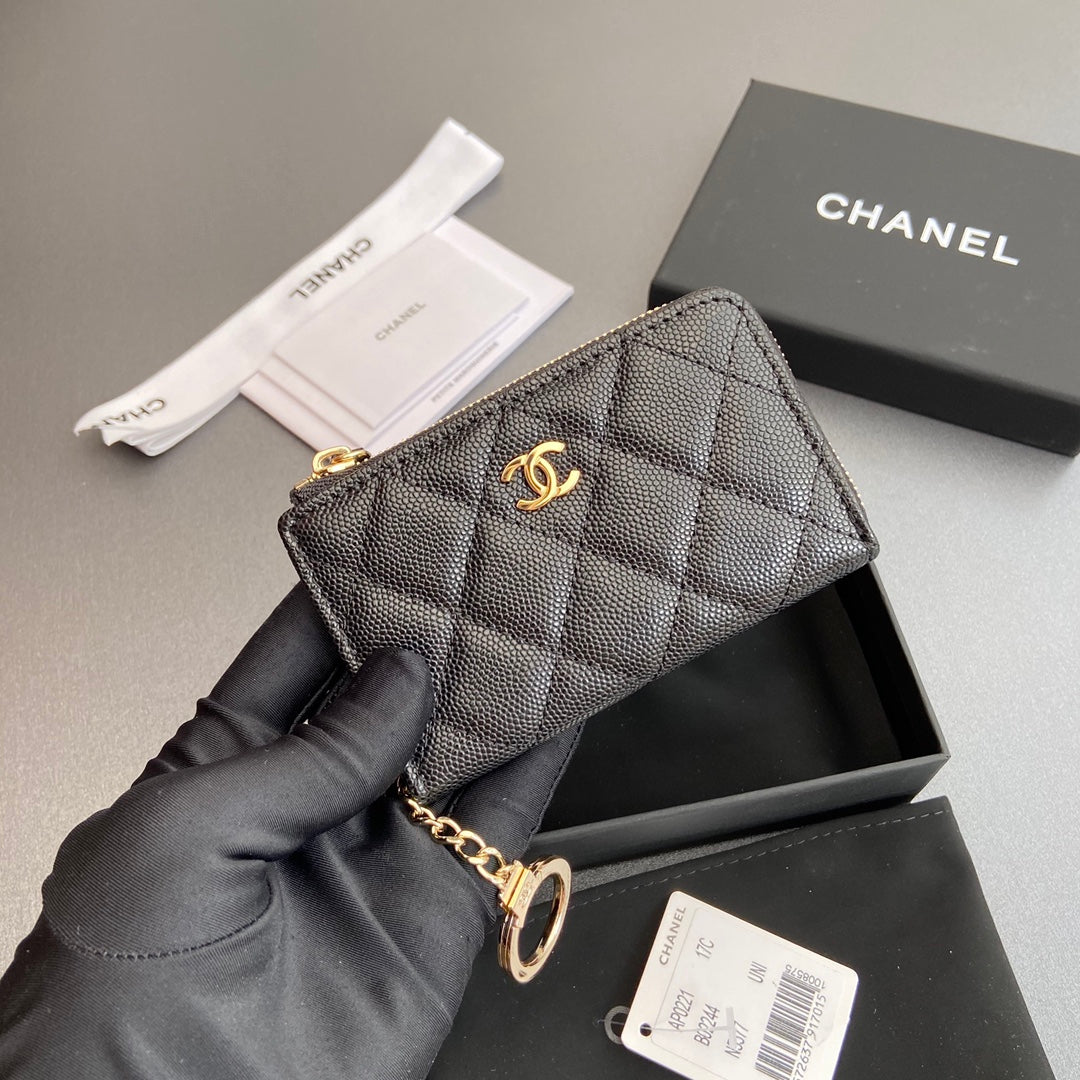 CC Hook & Chain Zipper Card Holder Black Caviar GHW 234733