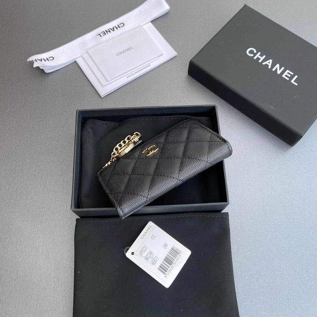 CC Hook & Chain Zipper Card Holder Black Caviar GHW 234733