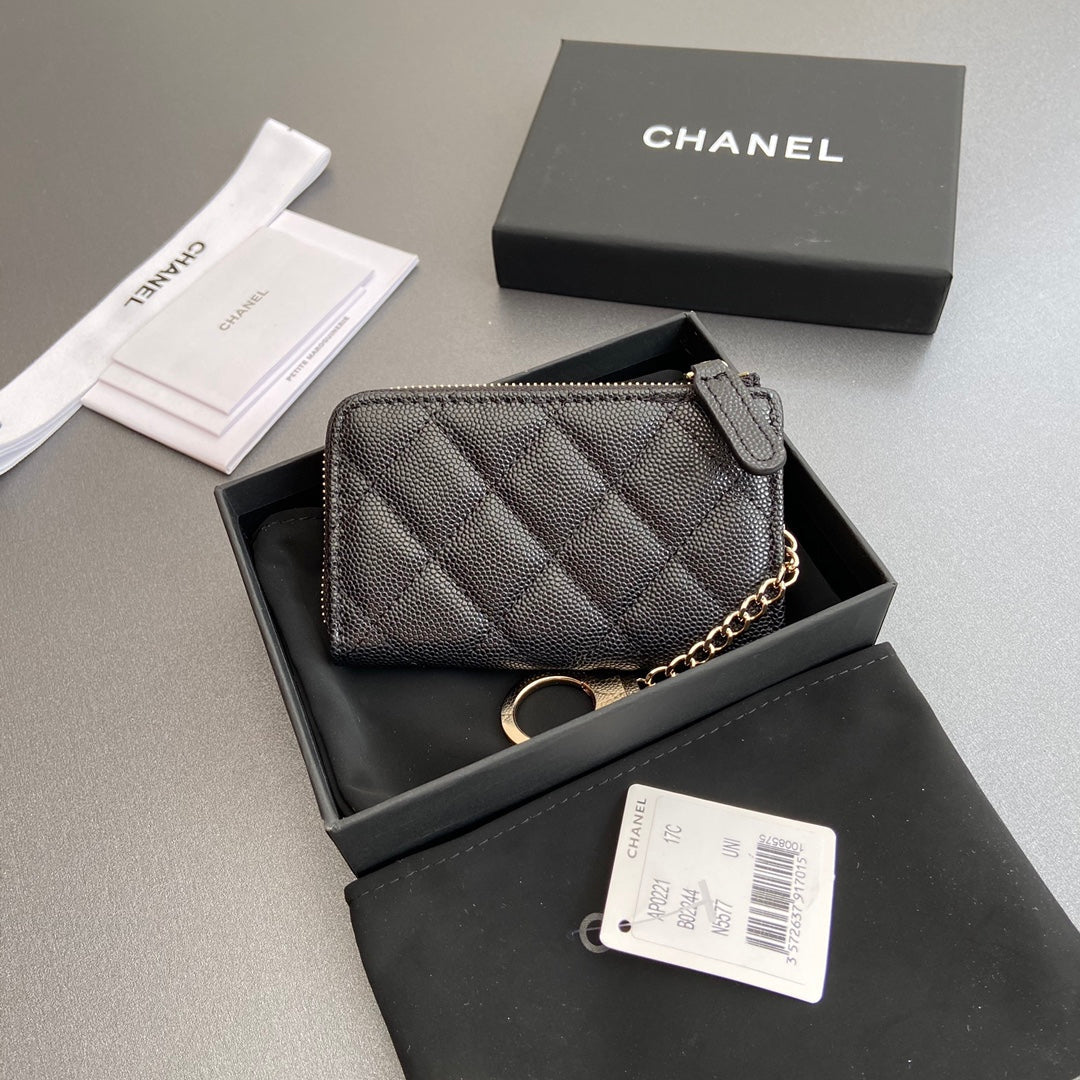 CC Hook & Chain Zipper Card Holder Black Caviar GHW 234733
