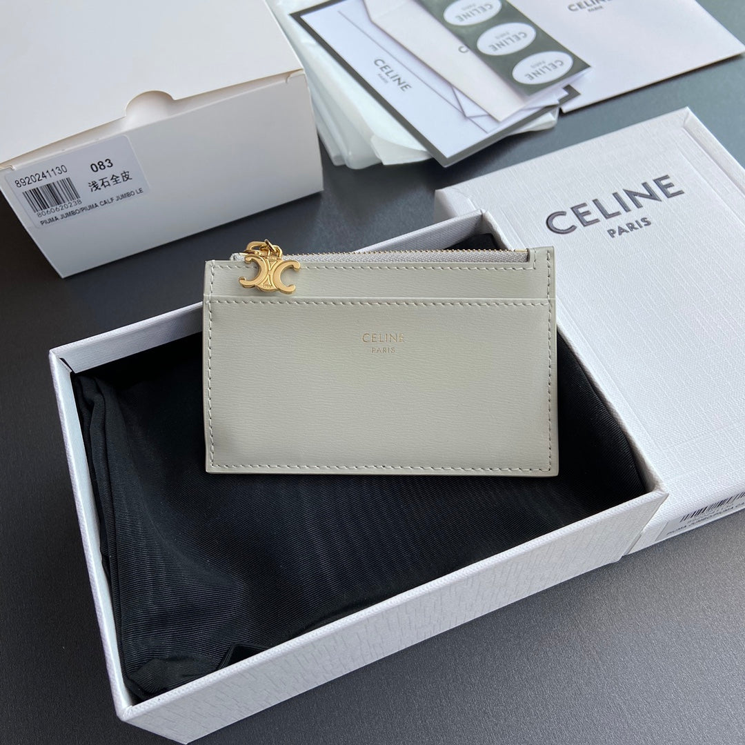 TRIOMPHE Zipped Card Holder Charms Beige Grained Cowhide