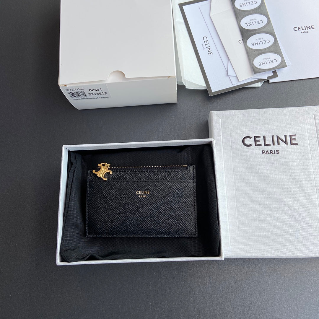 TRIOMPHE Zipped Card Holder Charms Black Grained Cowhide