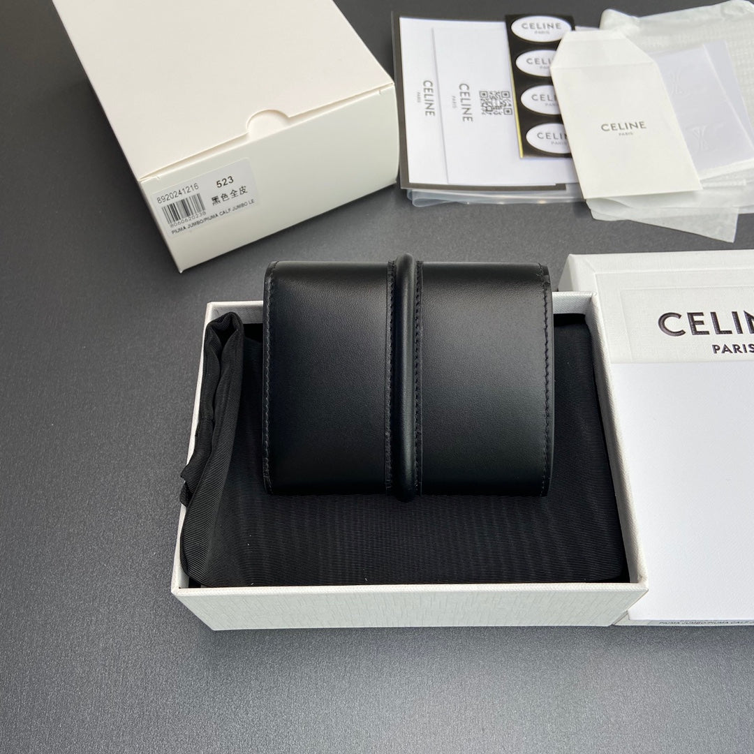 TRIOMPHE 16 Small Trifold Wallet Black Cowhide Leather