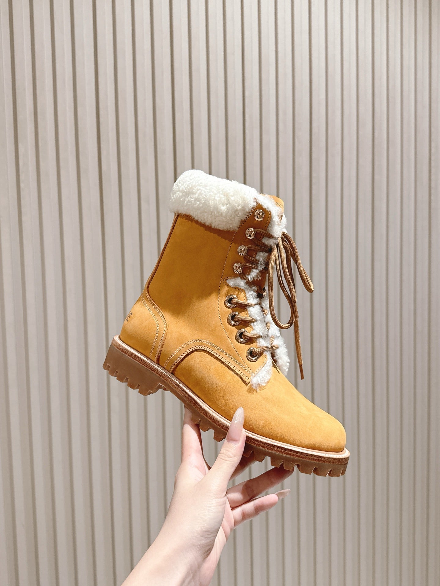 CELINE Kurt Lace-Up Mid Boot Light Brown Nubuck Calfskin And Shearling 452786