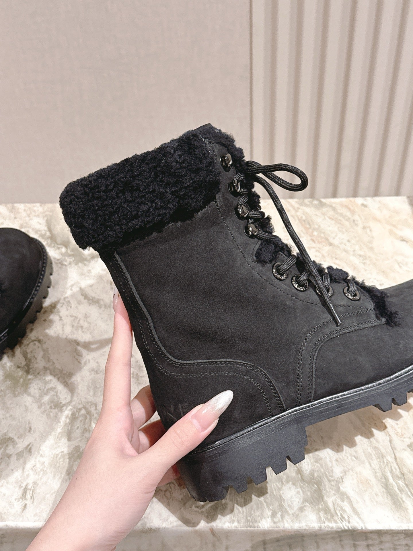 CELINE Kurt Lace-Up Mid Boot Black Nubuck Calfskin And Shearling 452787