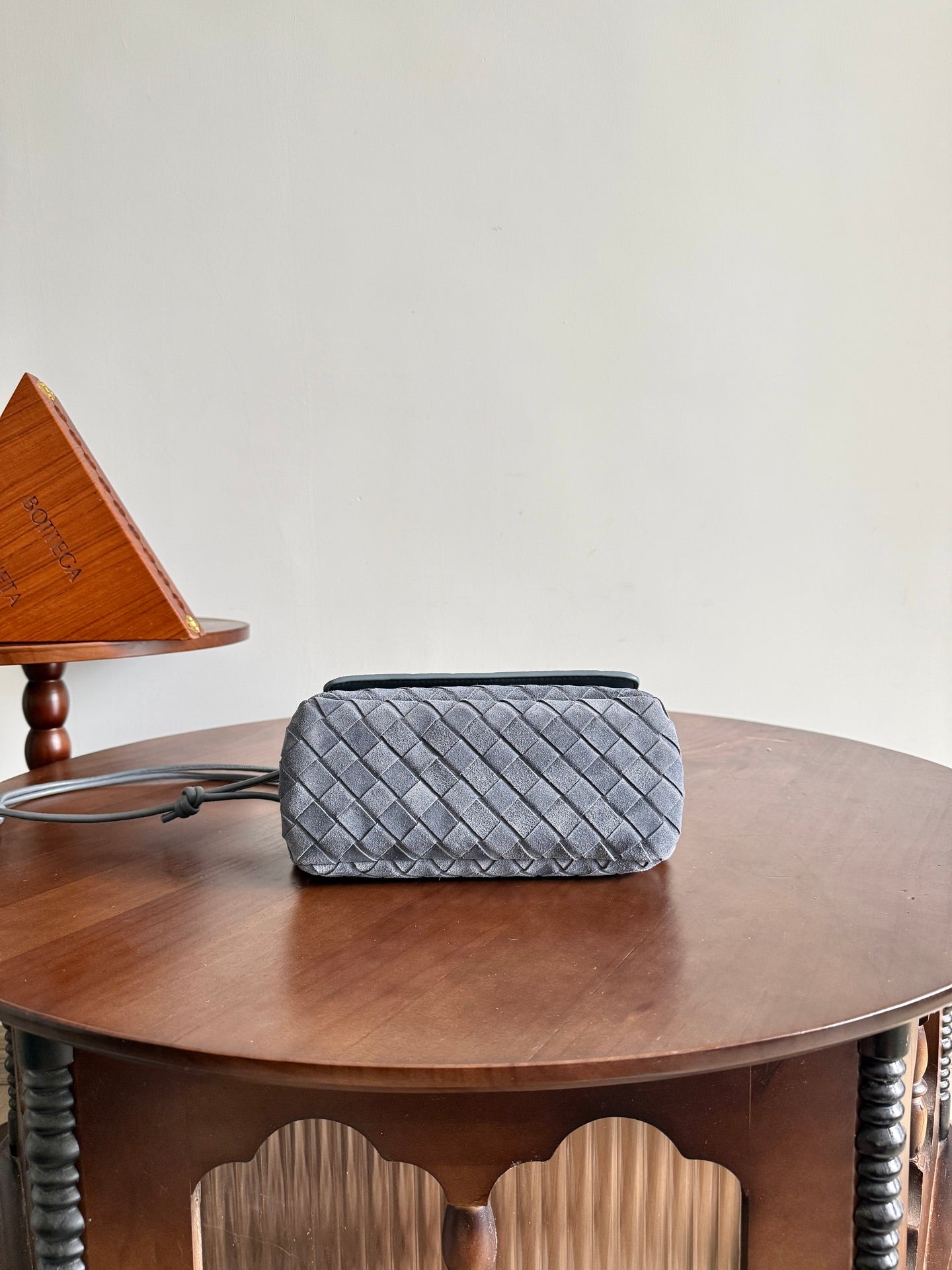 BV Notturno Flap Bag Grey Suede Intrecciato Leather