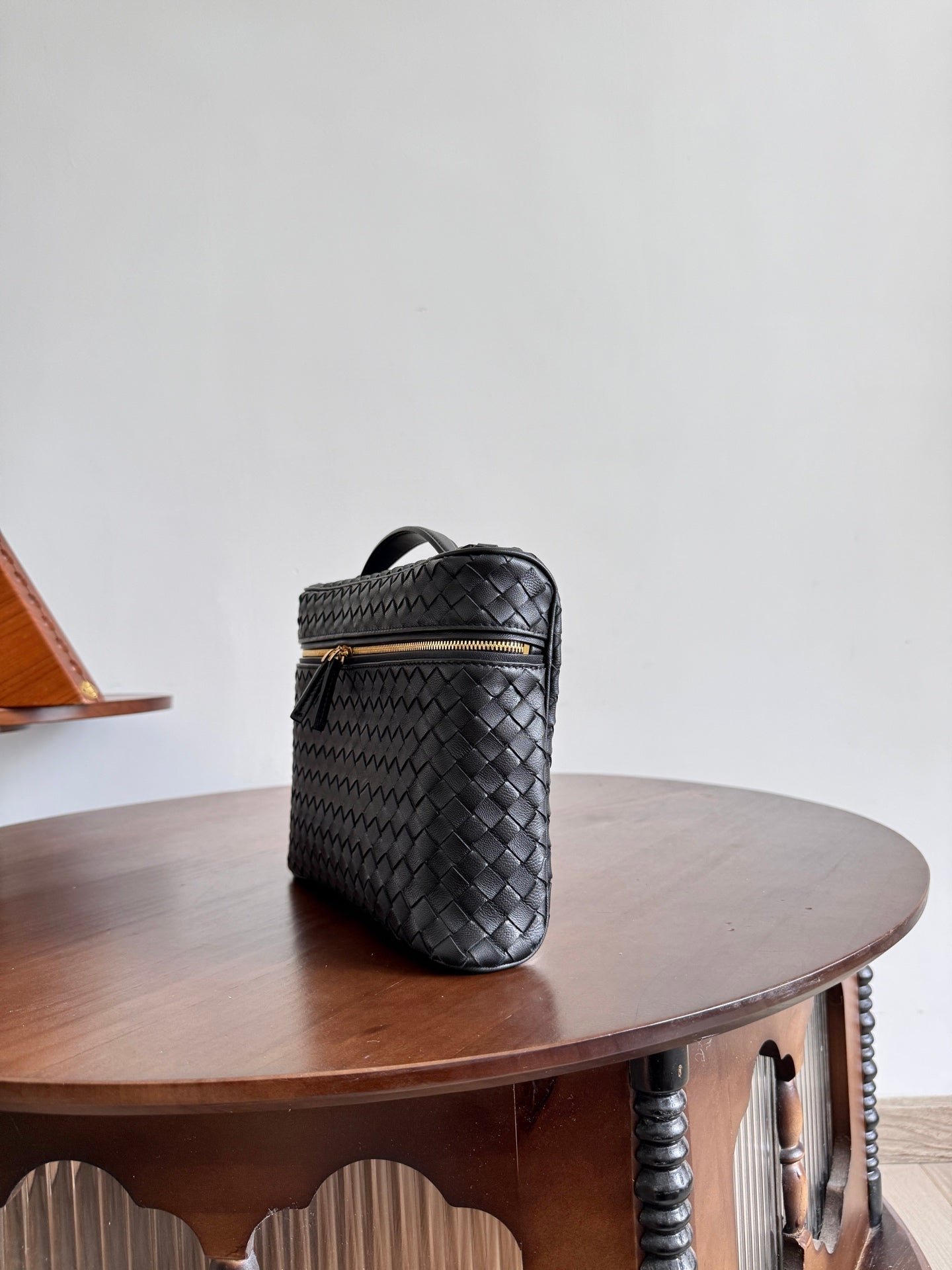 BV Small Soft Vanity Bag Black Intrecciato Leather