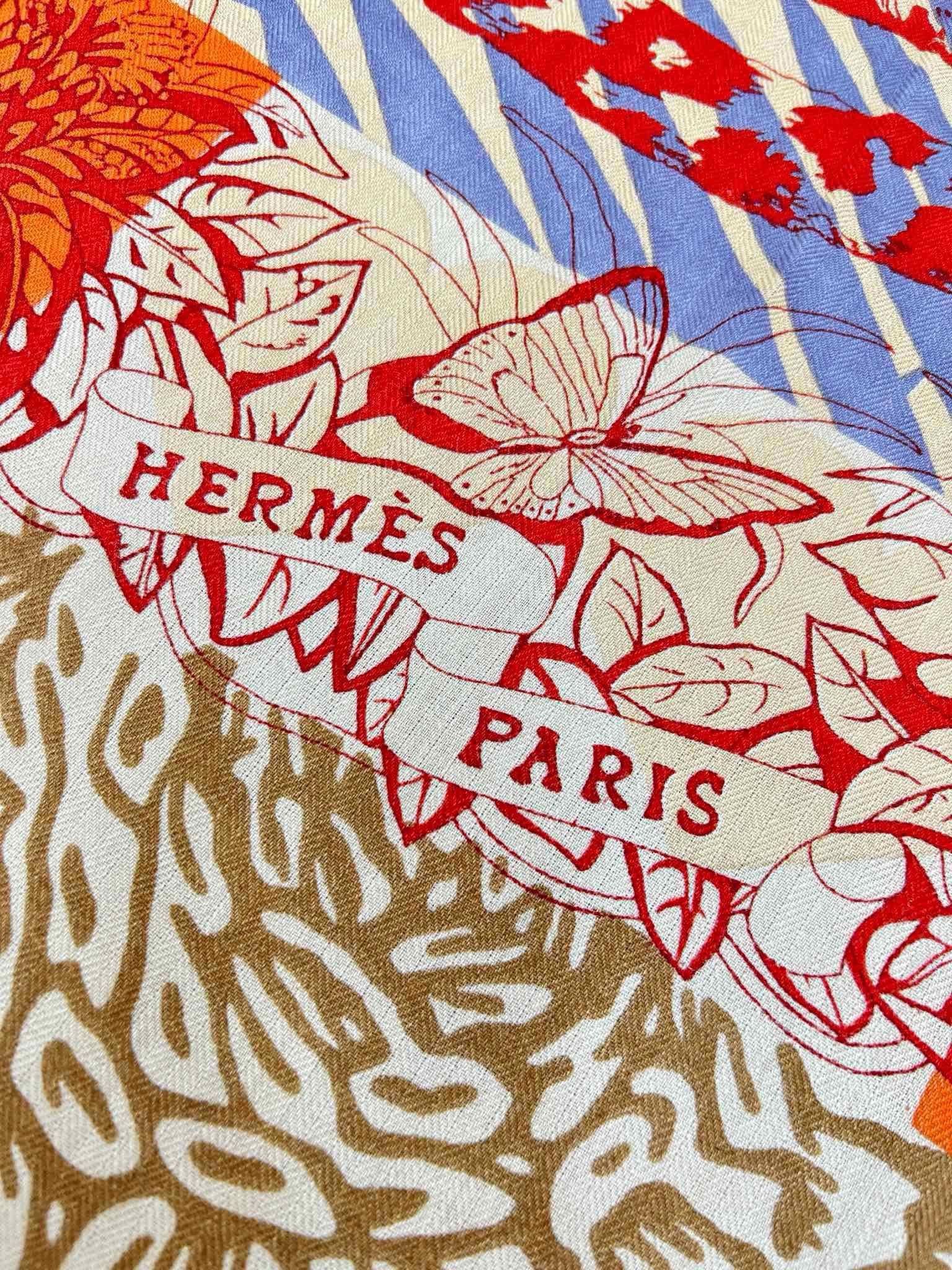 Jungle Love Stamped Scarf 140 CM In Orange Colorful Cashmere And Silk 210985