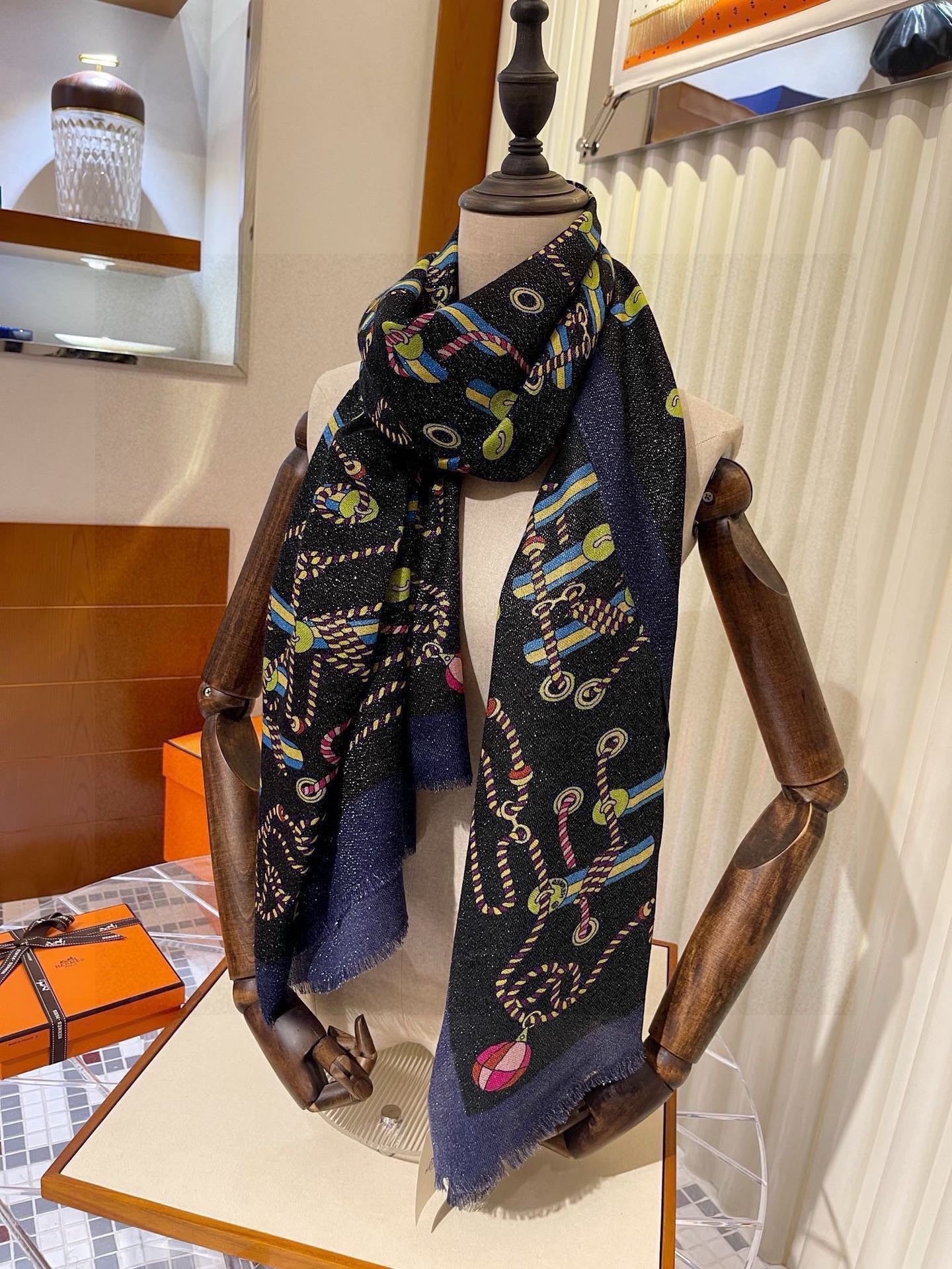 Scarf 200 CM In Black Colorful Cashmere Silk 264152