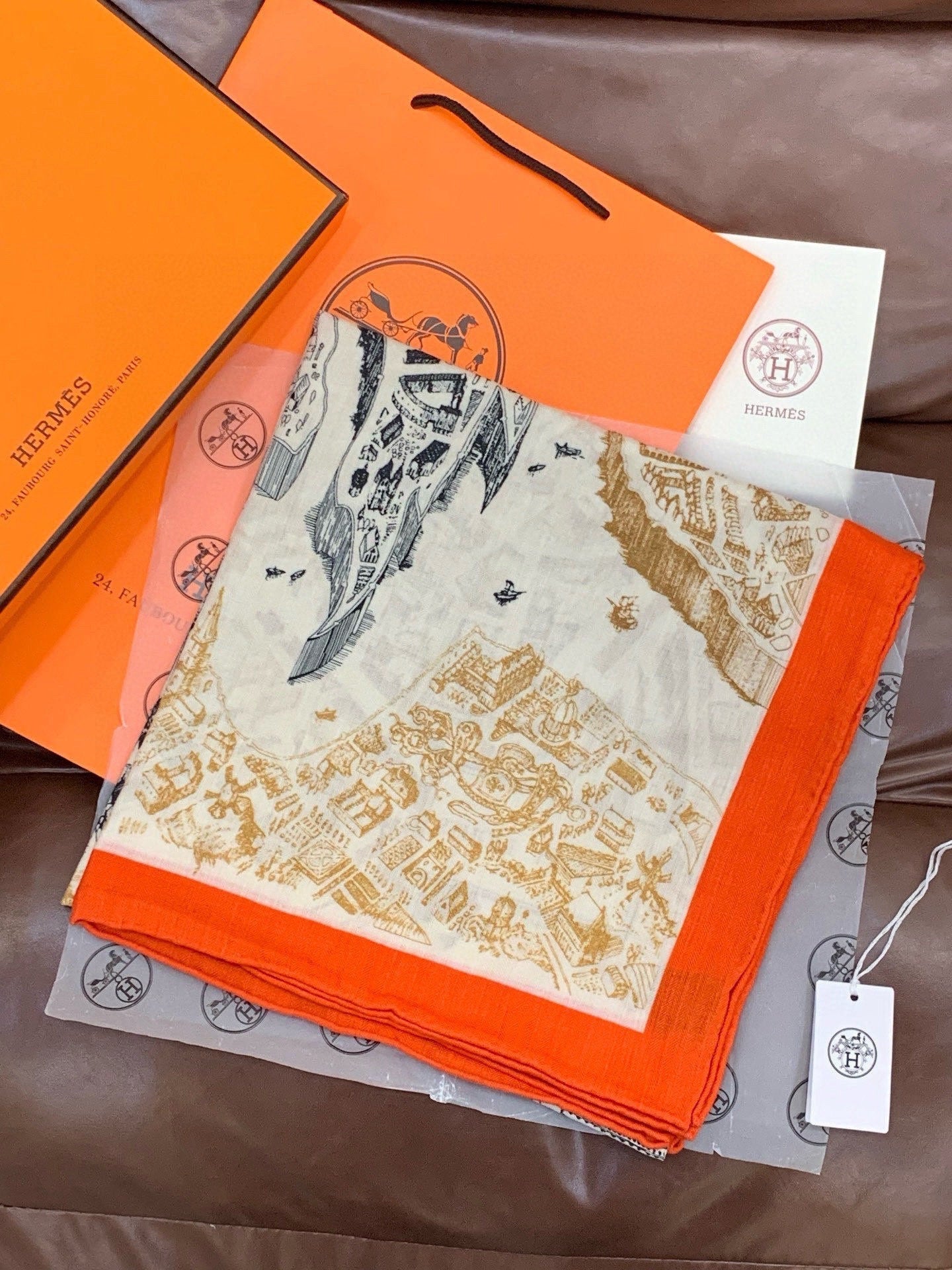 HM La Cité Cavalière shawl 140cm Orange Colorful Cashmere Silk