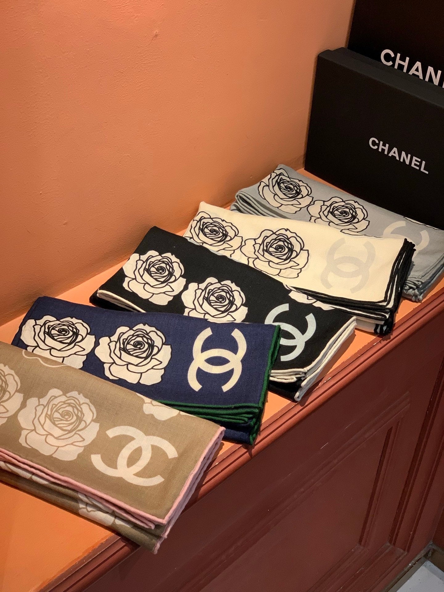 CC Camellia Scarf 140cm Navy Blue Colorful Cashmere Silk 168122