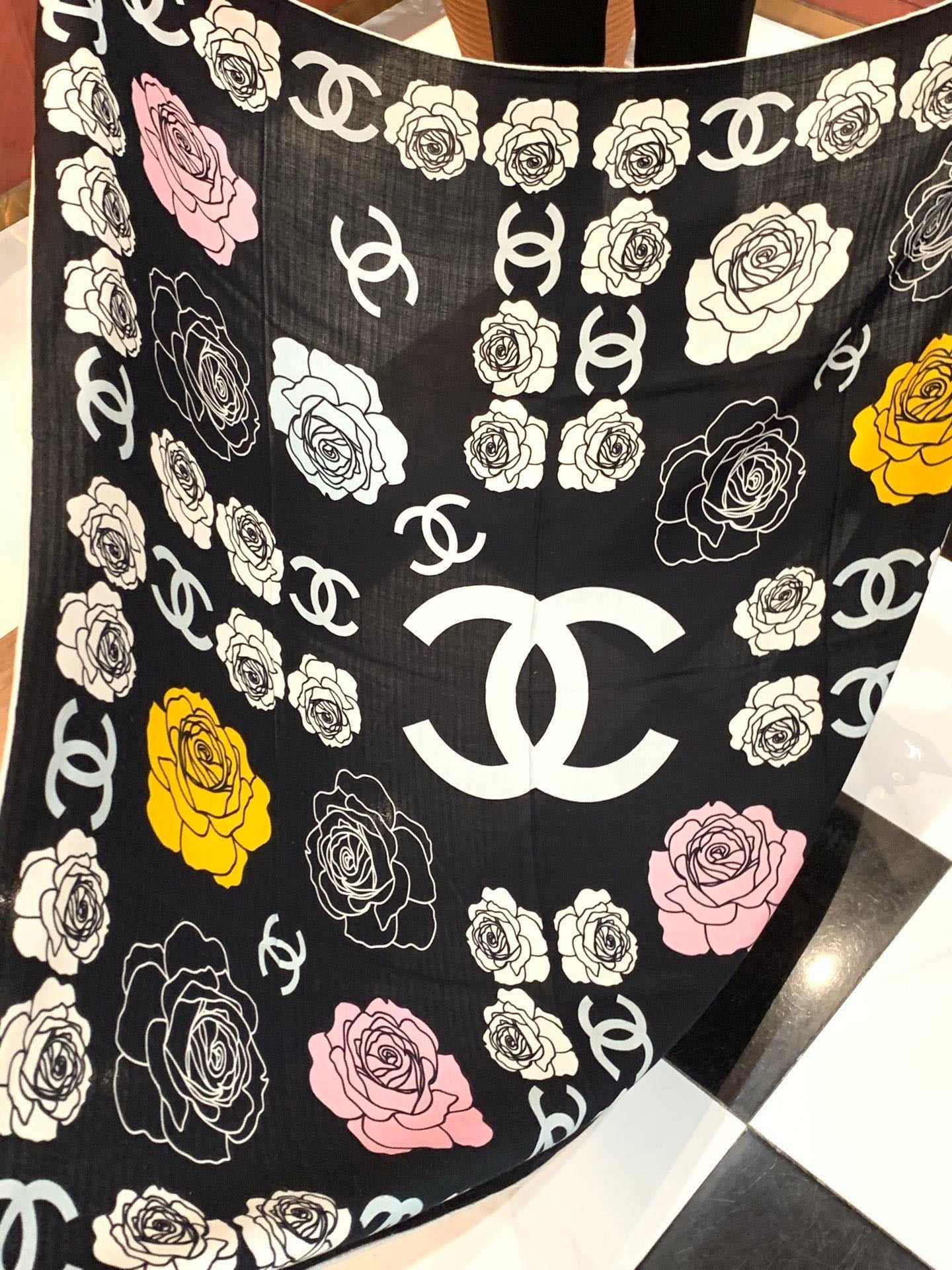 CC Camellia Scarf 140cm Black Colorful Cashmere Silk 168124