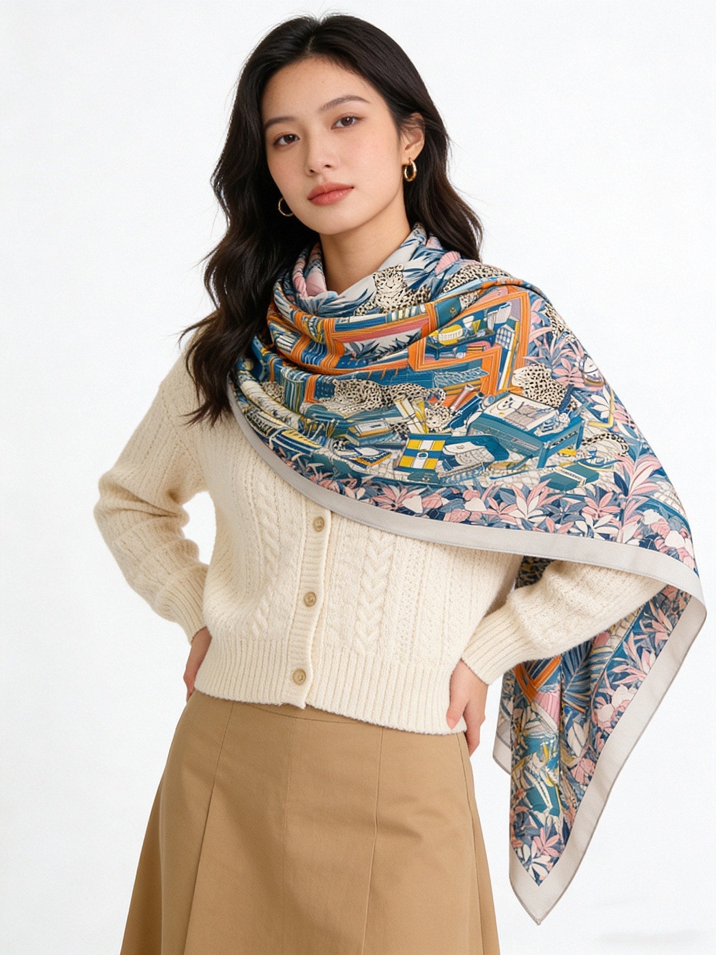 Les Douze Leopards Scarf 140cm Light Blue Colorful Cashmere Silk 168129