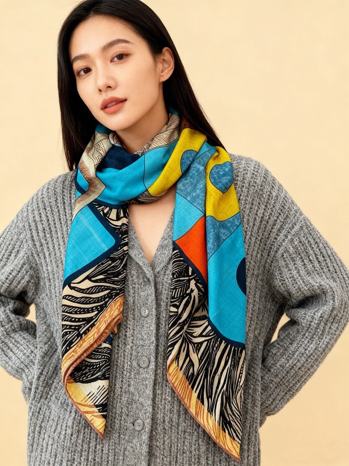 Cavalier en Formes shawl 140cm Blue Colorful Cashmere Silk 168140