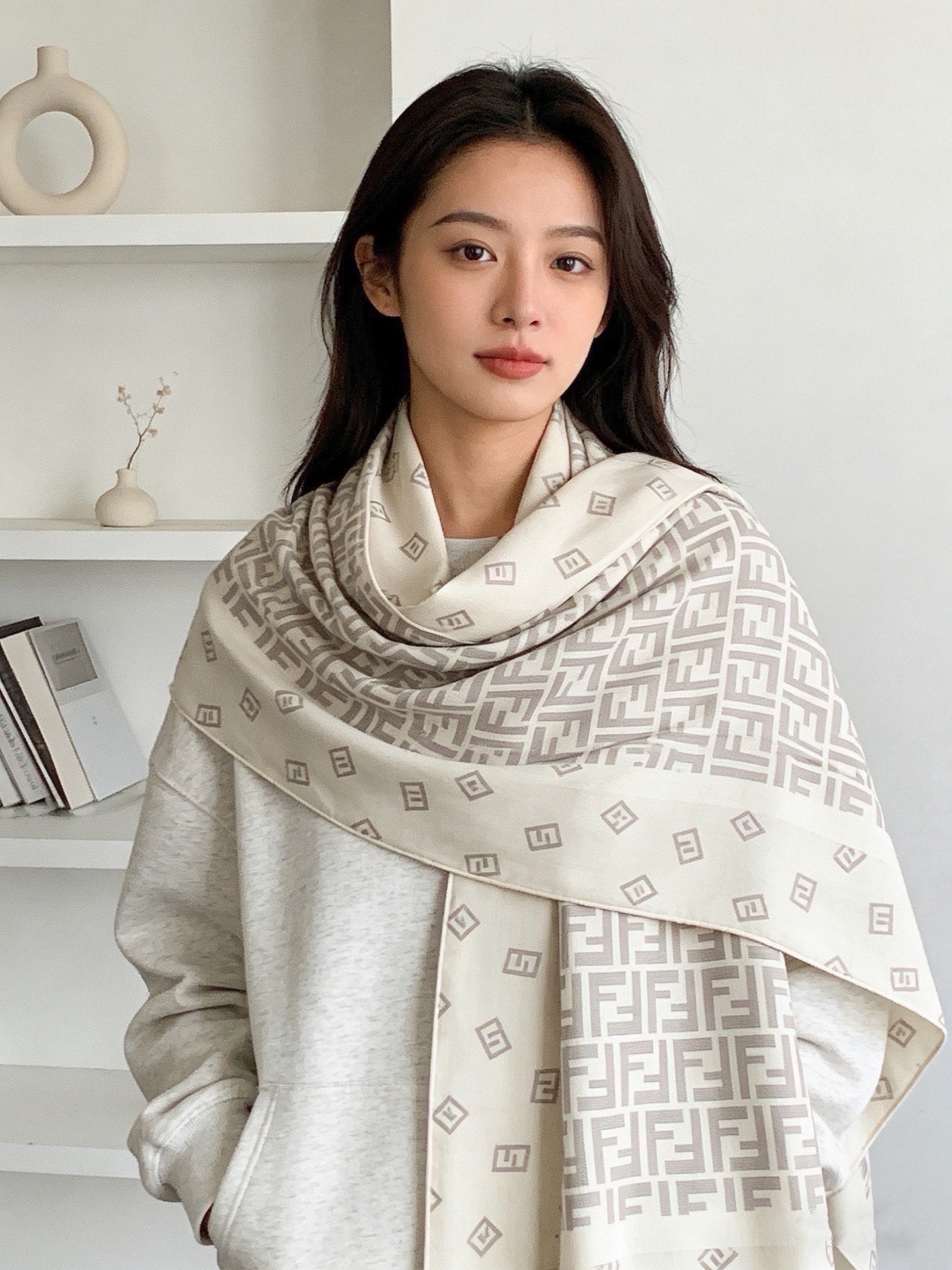 Fendi Scarf 140*140cm Grey Cashmere Silk 286294