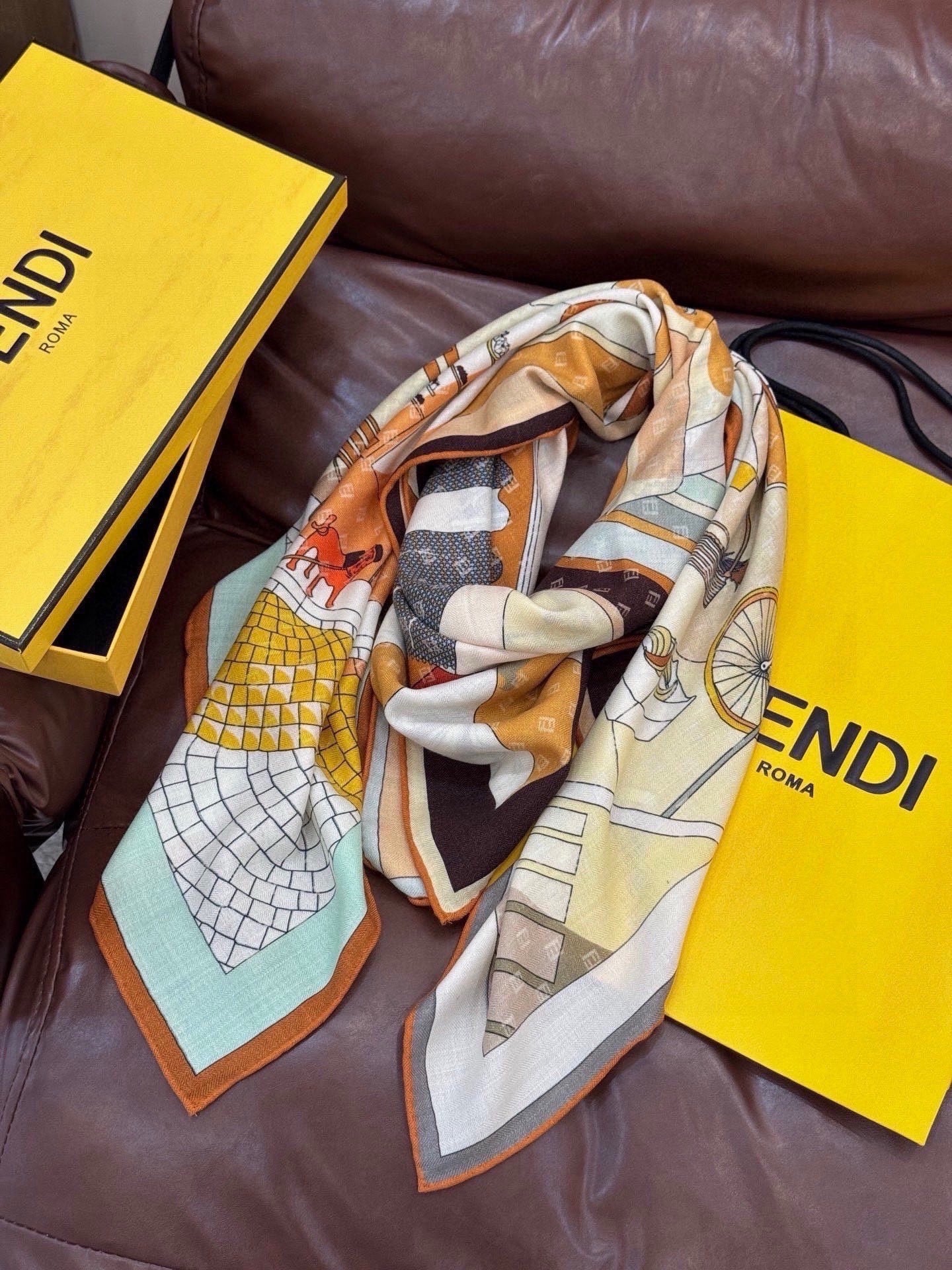 Fendi Walking Around Rome Scarf 140x140 Cashmere Silk 328842