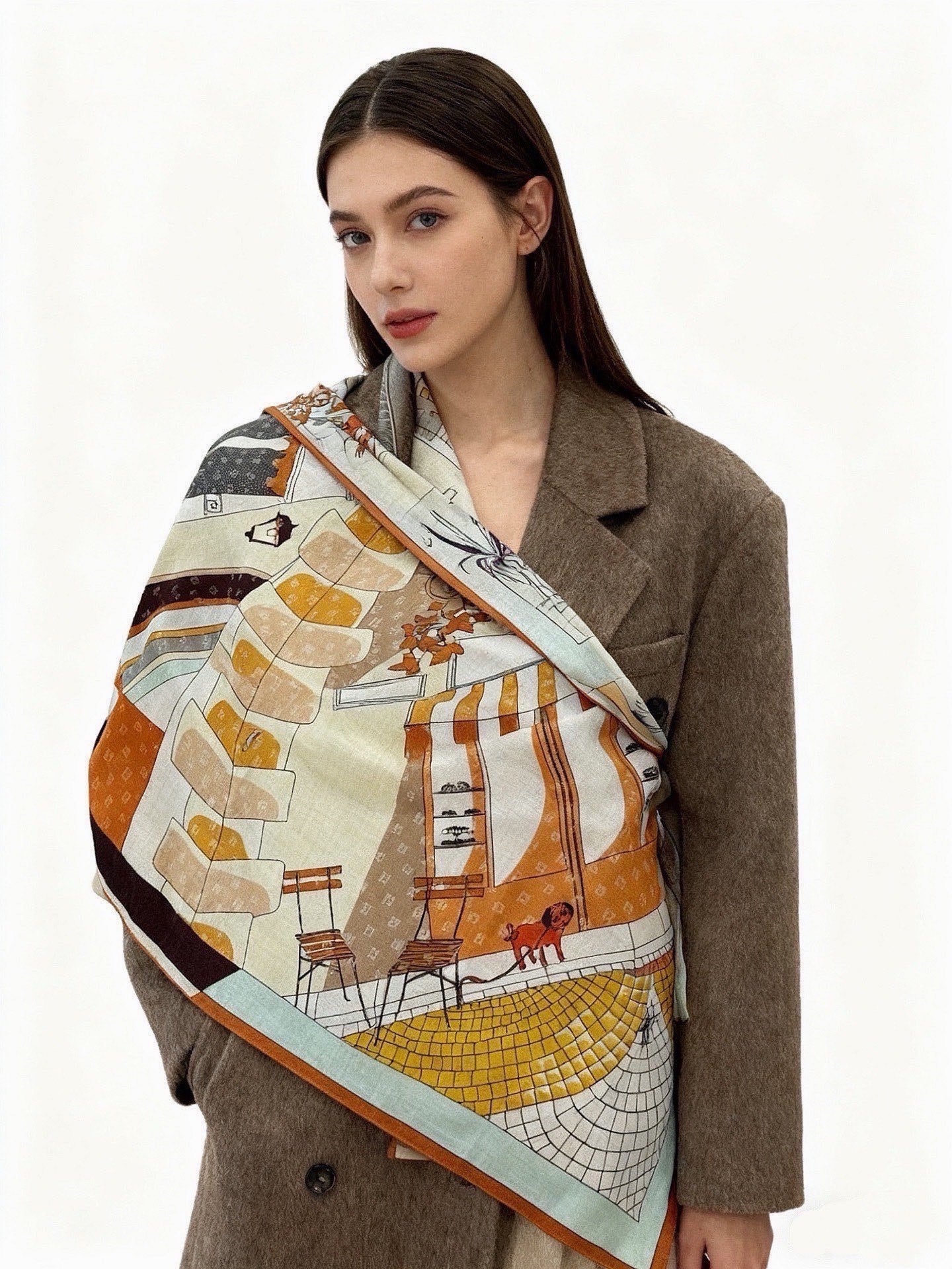 Fendi Walking Around Rome Scarf 140x140 Cashmere Silk 328842