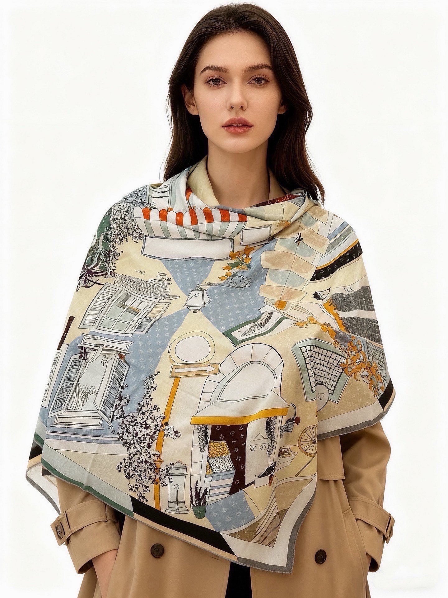Fendi Walking Around Rome Scarf 140x140 Cashmere Silk 328843