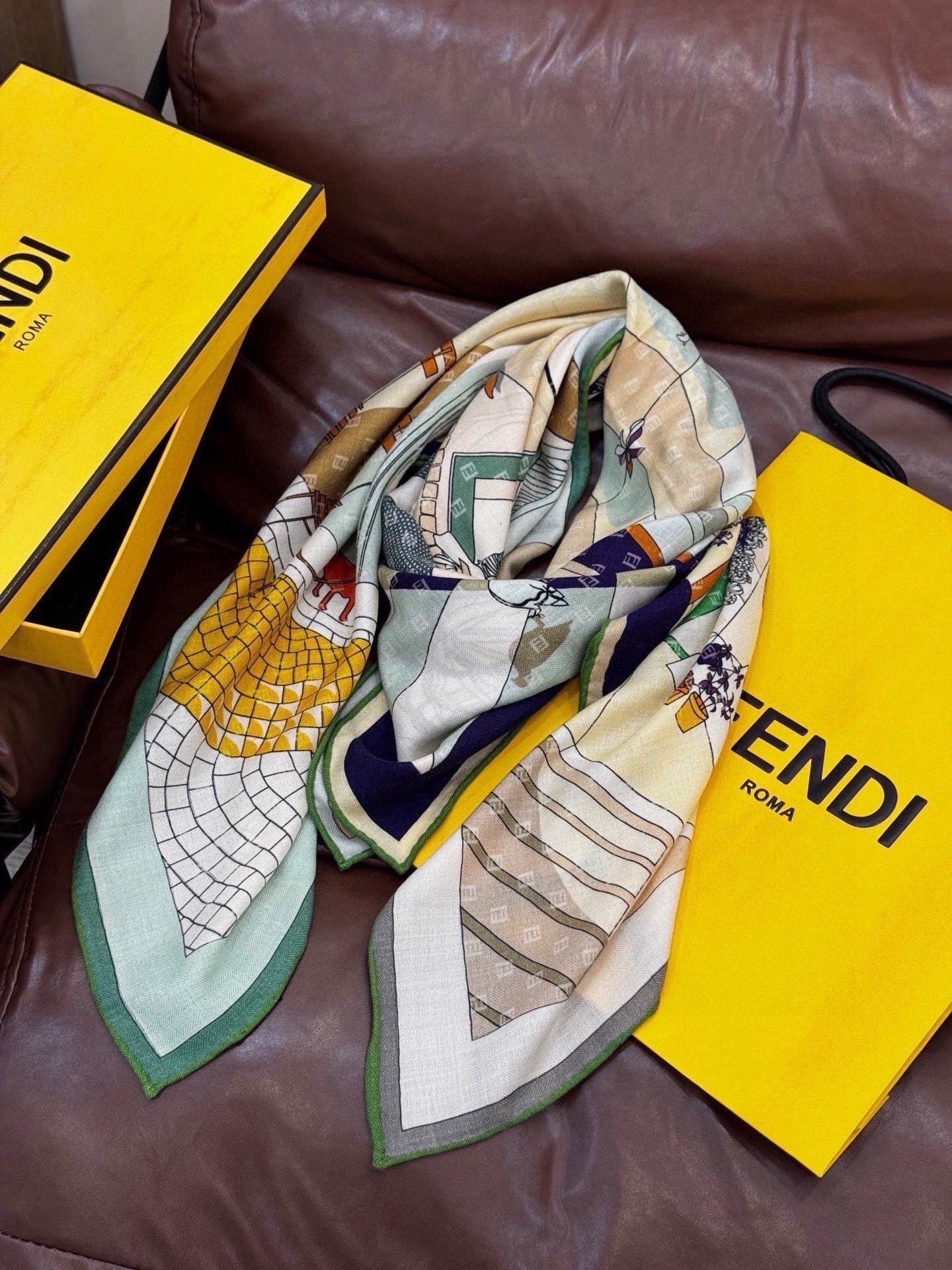 Fendi Walking Around Rome Scarf 140x140 Cashmere Silk 328844